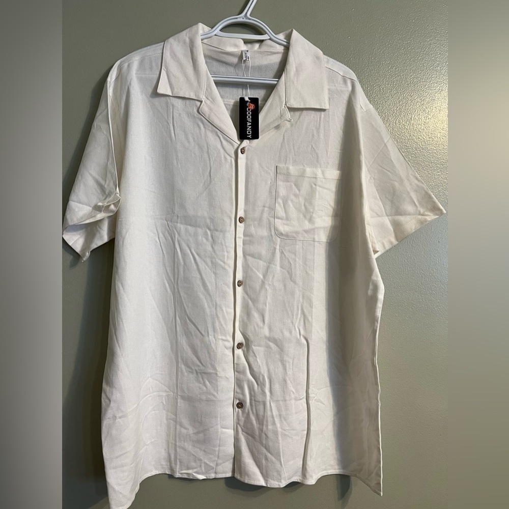 Coofandy Men’s Ivory Linen Blend Button Up Shirt Short Sleeves Sz XL NWT